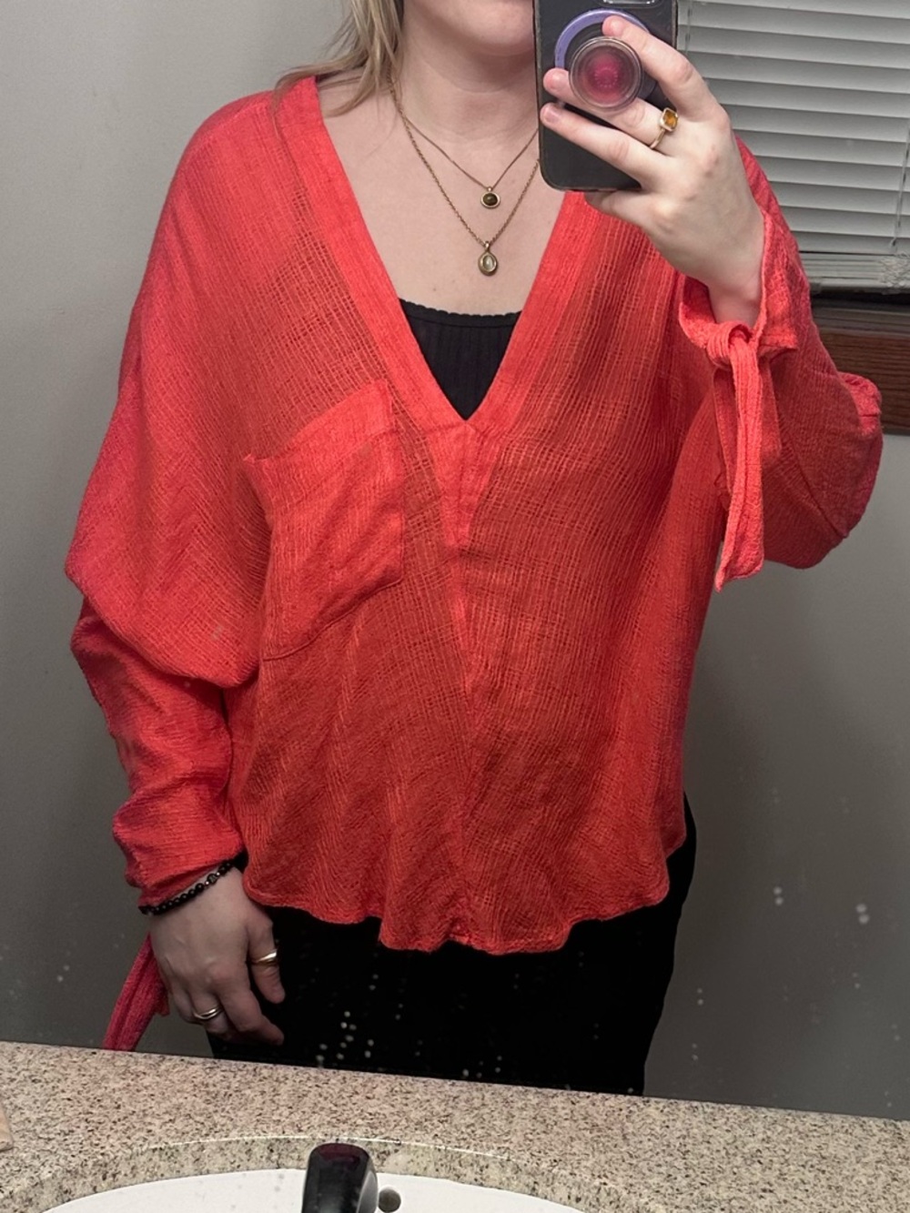 Free People Coral Gauze V-Neck Blouse Tie Sleeve morning Dolman Top Size Small